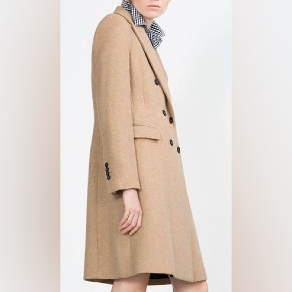 RARE Zara Tan Camel Wool Blend Double Breasted Tailored Fit Winter Trench Coat - Picture 14 of 16